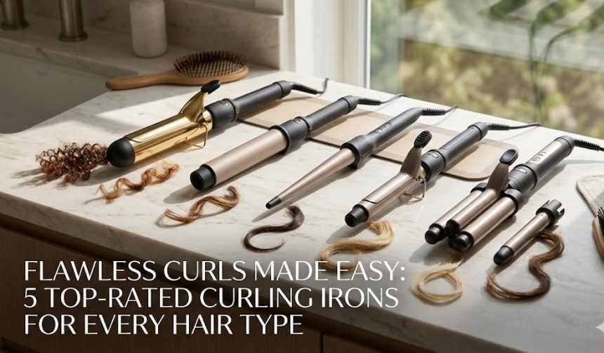 A highly clinical digital flat-lay of a sleek metallic gray automatic curling iron and a gold 1.5-inch long barrel wand arrayed on a sterile white surface.
