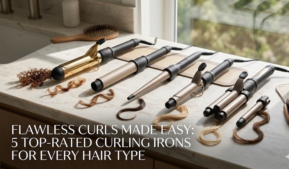 A highly clinical digital flat-lay of a sleek metallic gray automatic curling iron and a gold 1.5-inch long barrel wand arrayed on a sterile white surface.