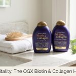 A clinical digital flat-lay of the purple OGX Biotin and Collagen shampoo and conditioner bottles against a minimalist, sterile background.