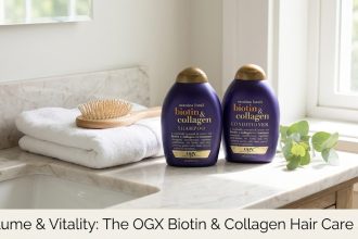 A clinical digital flat-lay of the purple OGX Biotin and Collagen shampoo and conditioner bottles against a minimalist, sterile background.