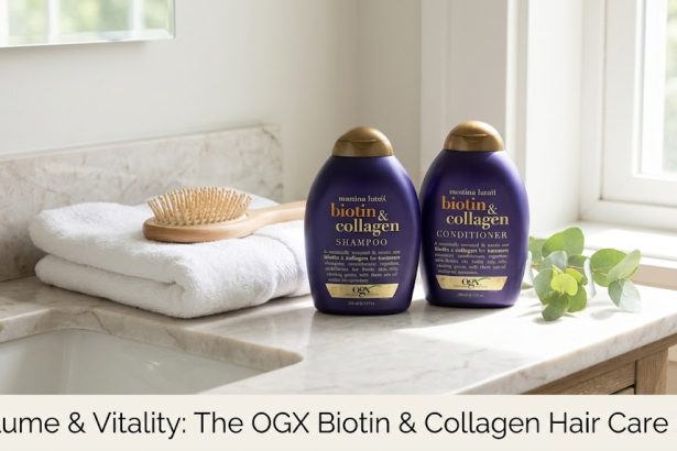 A clinical digital flat-lay of the purple OGX Biotin and Collagen shampoo and conditioner bottles against a minimalist, sterile background.