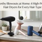 A digital, high-contrast schematic showing a sleek 2000W jet-black hair dryer and a pink retractable cord dryer against a clinical white background.
