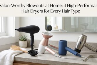 A digital, high-contrast schematic showing a sleek 2000W jet-black hair dryer and a pink retractable cord dryer against a clinical white background.