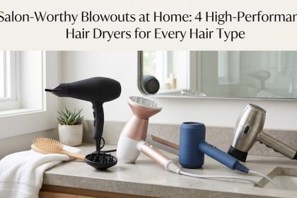 A digital, high-contrast schematic showing a sleek 2000W jet-black hair dryer and a pink retractable cord dryer against a clinical white background.