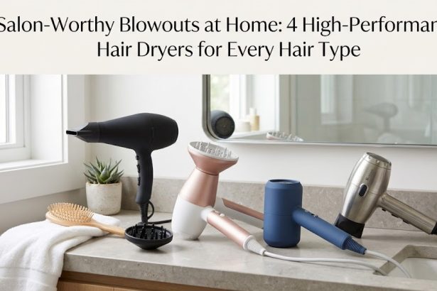 A digital, high-contrast schematic showing a sleek 2000W jet-black hair dryer and a pink retractable cord dryer against a clinical white background.
